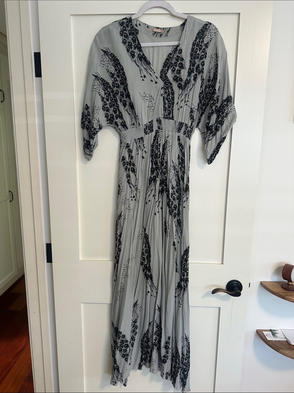 Light Gray Floral Maxi Dress with Black Print - Women's V-Neck Maxi